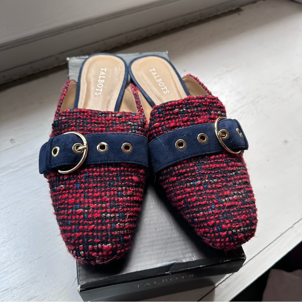 Talbots Red and Blue Tweed Mules with Buckle size 9.5 women’s